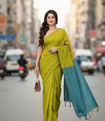 Yellow fancy cotton handloom saree with blouse piece for women