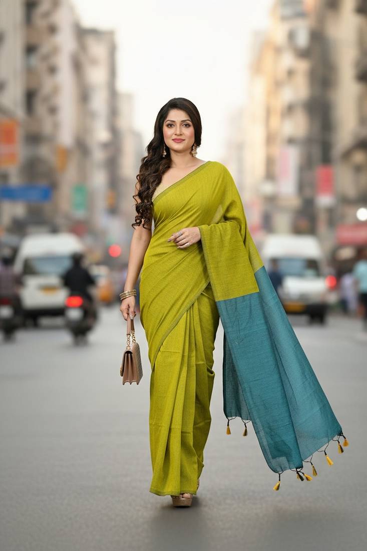 Yellow fancy cotton handloom saree with blouse piece for women