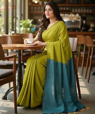 Yellow fancy cotton handloom saree with blouse piece for women 2