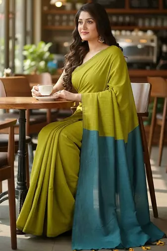 Yellow fancy cotton handloom saree with blouse piece for women