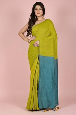 Yellow fancy cotton handloom saree with blouse piece for women 3