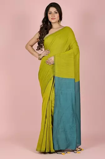Yellow fancy cotton handloom saree with blouse piece for women