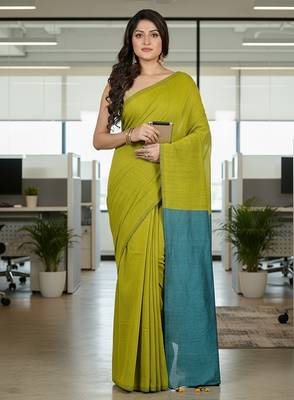 Yellow fancy cotton handloom saree with blouse piece for women 4