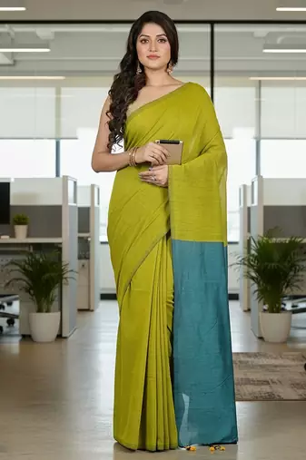 Yellow fancy cotton handloom saree with blouse piece for women