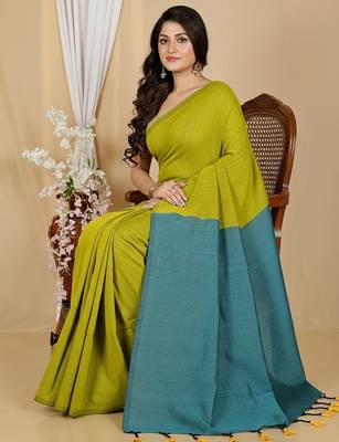 Yellow fancy cotton handloom saree with blouse piece for women 5