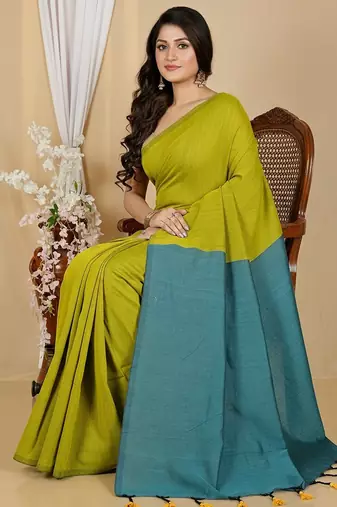 Yellow fancy cotton handloom saree with blouse piece for women