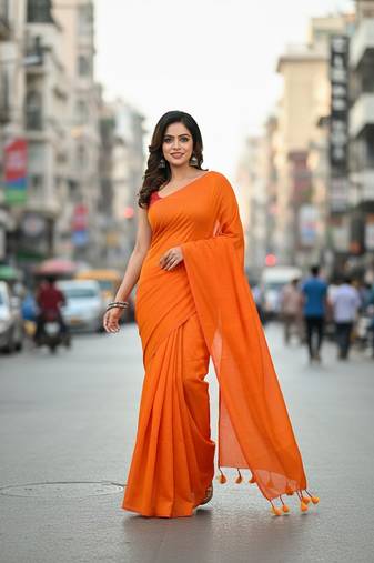 Orange fancy cotton handloom saree with blouse piece for women