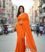 Orange fancy cotton handloom saree with blouse piece for women