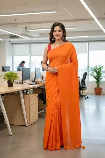 Orange fancy cotton handloom saree with blouse piece for women