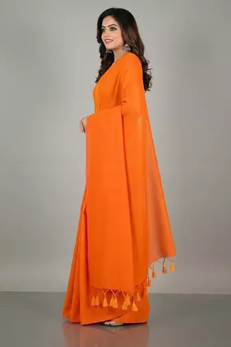 Orange fancy cotton handloom saree with blouse piece for women