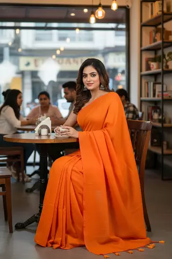 Orange fancy cotton handloom saree with blouse piece for women