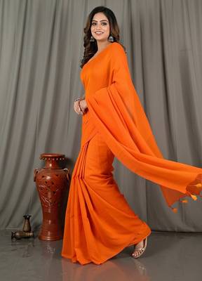Orange fancy cotton handloom saree with blouse piece for women 5