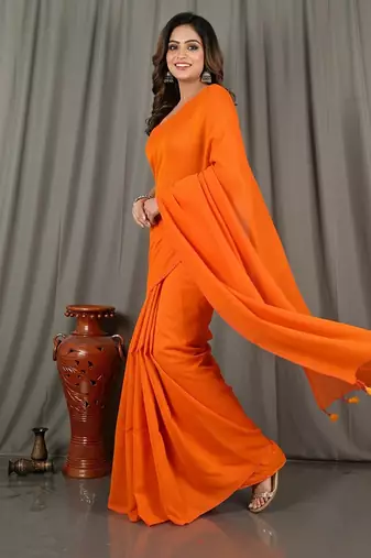 Orange fancy cotton handloom saree with blouse piece for women