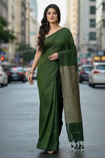 Pista fancy cotton handloom saree with blouse piece for women