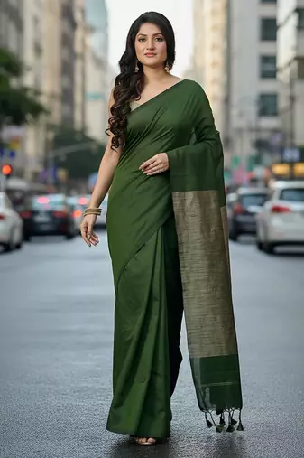 Pista fancy cotton handloom saree with blouse piece for women
