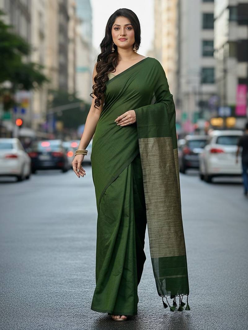 Pista fancy cotton handloom saree with blouse piece for women