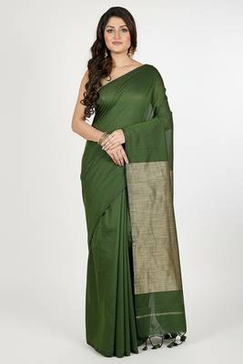Pista fancy cotton handloom saree with blouse piece for women 3