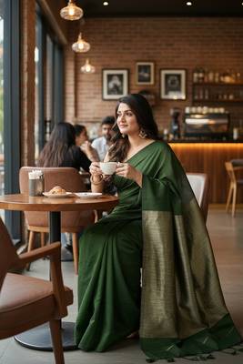 Pista fancy cotton handloom saree with blouse piece for women 4