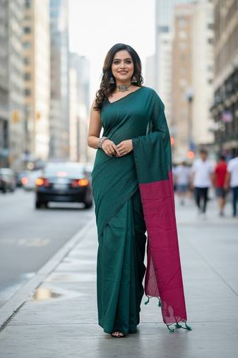 Pista fancy cotton handloom saree with blouse piece for women