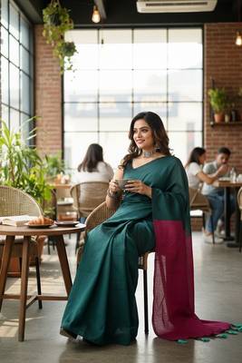 Pista fancy cotton handloom saree with blouse piece for women 2