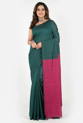 Pista fancy cotton handloom saree with blouse piece for women 3