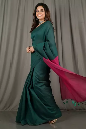 Pista fancy cotton handloom saree with blouse piece for women