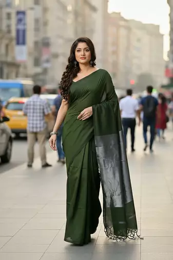 Pista fancy cotton handloom saree with blouse piece for women