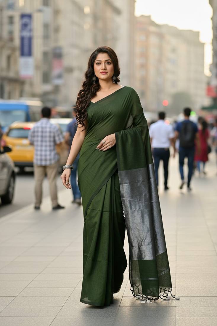 Pista fancy cotton handloom saree with blouse piece for women