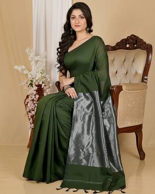 Pista fancy cotton handloom saree with blouse piece for women 2