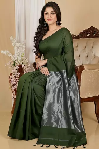 Pista fancy cotton handloom saree with blouse piece for women