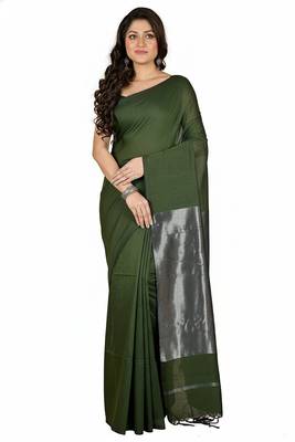 Pista fancy cotton handloom saree with blouse piece for women 4