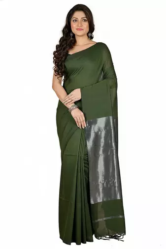Pista fancy cotton handloom saree with blouse piece for women