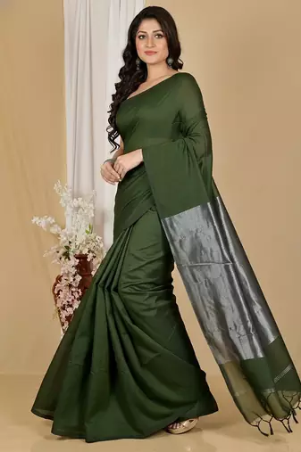 Pista fancy cotton handloom saree with blouse piece for women