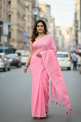Pink fancy cotton handloom saree with blouse piece for women 1