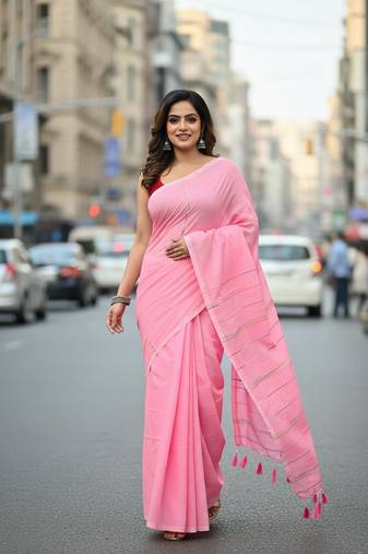 Pink fancy cotton handloom saree with blouse piece for women