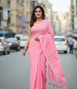 Pink fancy cotton handloom saree with blouse piece for women