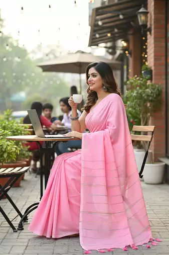 Pink fancy cotton handloom saree with blouse piece for women