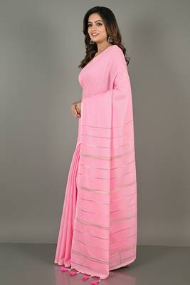 Pink fancy cotton handloom saree with blouse piece for women 3