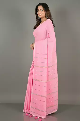 Pink fancy cotton handloom saree with blouse piece for women