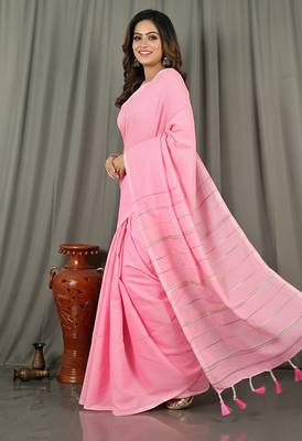 Pink fancy cotton handloom saree with blouse piece for women 4