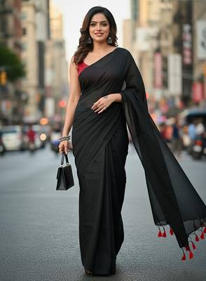 Black fancy cotton handloom saree with blouse piece for women 1