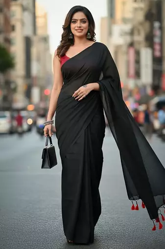 Black fancy cotton handloom saree with blouse piece for women