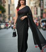 Black fancy cotton handloom saree with blouse piece for women
