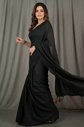 Black fancy cotton handloom saree with blouse piece for women
