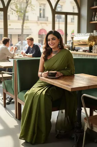 Green fancy cotton handloom saree with blouse piece for women