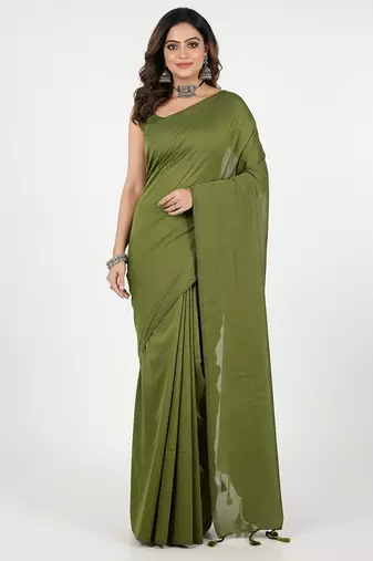 Green fancy cotton handloom saree with blouse piece for women