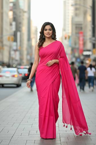 Pink fancy cotton handloom saree with blouse piece for women