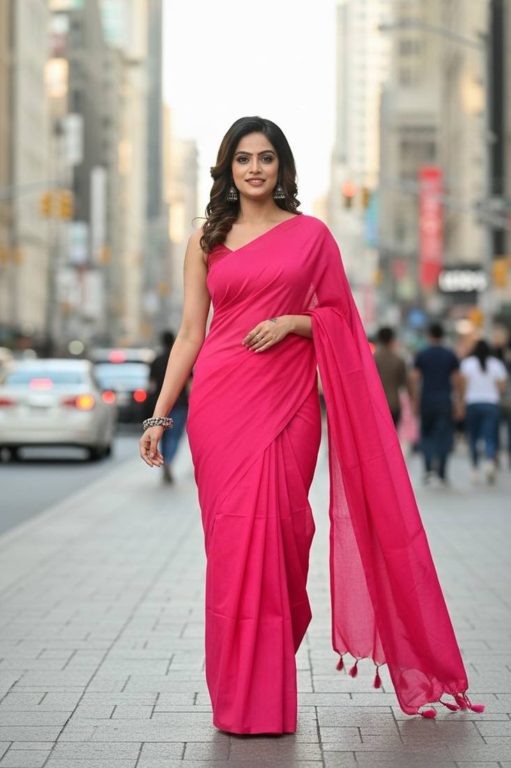 Pink fancy cotton handloom saree with blouse piece for women