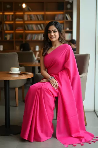 Pink fancy cotton handloom saree with blouse piece for women