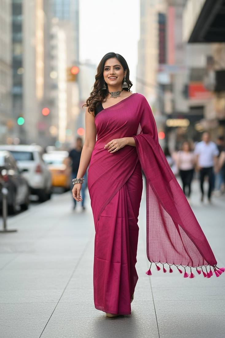 Pink fancy cotton handloom saree with blouse piece for women